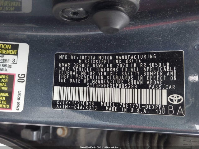 Auction sale of the 2014 Toyota Corolla Le Eco Plus, vin: 5YFBPRHEXEP085399, lot number: 45206048