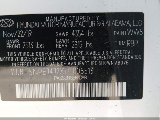 Aukcja sprzedaży 2020 Hyundai Sonata Sel Plus, vin: 5NPEJ4J2XLH008513, numer aukcji: 45206059