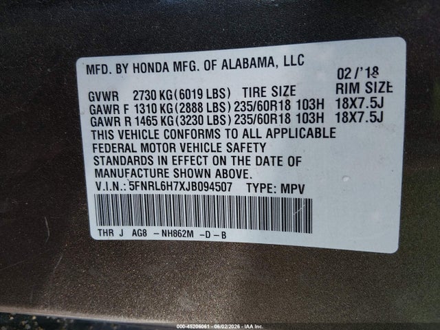 Honda Odyssey Ex-l 2018 5FNRL6H7XJB094507 Image 9