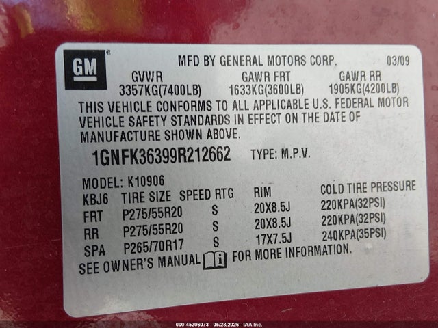 45206073 :رقم المزاد ، 1GNFK36399R212662 vin ، 2009 Chevrolet Suburban 1500 Ltz مزاد بيع