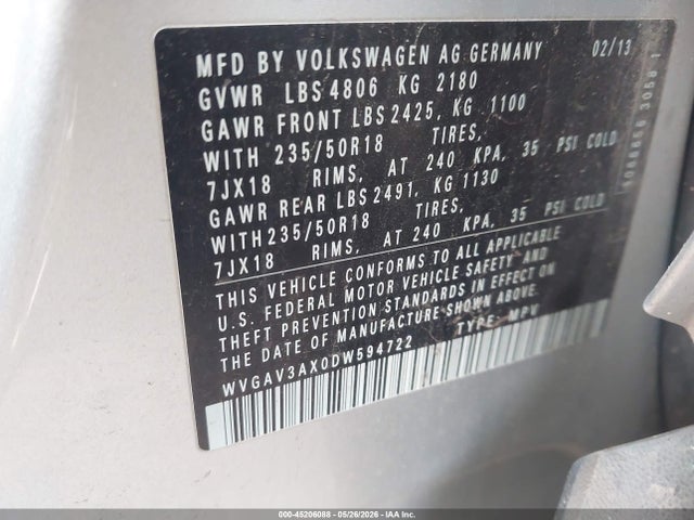 Продажа на аукционе авто 2013 Volkswagen Tiguan Se, vin: WVGAV3AX0DW594722, номер лота: 45206088