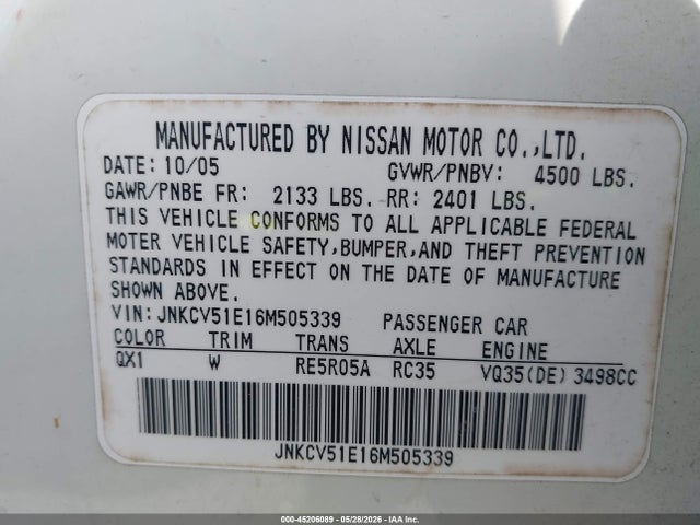 2006 Infiniti G35 მანქანა იყიდება აუქციონზე, vin: JNKCV51E16M505339, აუქციონის ნომერი: 45206089