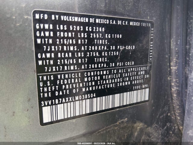 Aukcja sprzedaży 2020 Volkswagen Tiguan 2.0t S, vin: 3VV1B7AXXLM038504, numer aukcji: 45206091