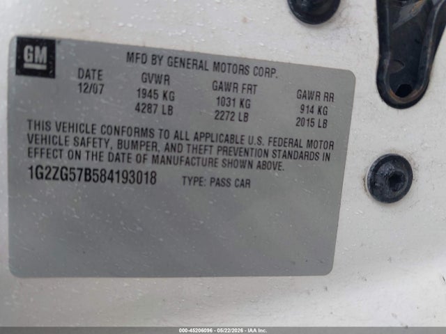 45206096 :رقم المزاد ، 1G2ZG57B584193018 vin ، 2008 Pontiac G6 مزاد بيع
