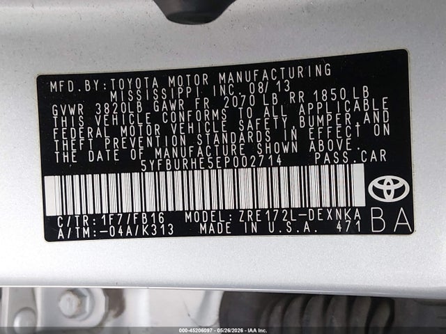 45206097 :رقم المزاد ، 5YFBURHE5EP002714 vin ، 2014 Toyota Corolla Le Plus مزاد بيع