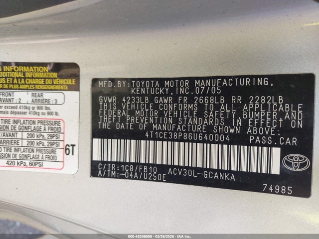 Продажа на аукционе авто 2006 Toyota Camry Solara Se, vin: 4T1CE38P86U640004, номер лота: 45206099