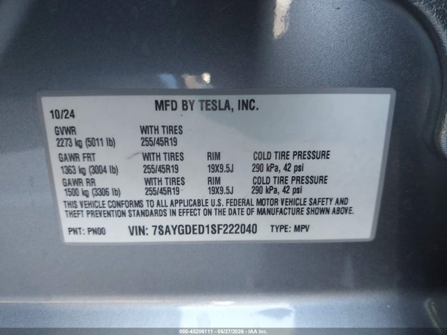7SAYGDED1SF222040 Tesla Model Y Long Range Dual Motor Rear-wheel Drive