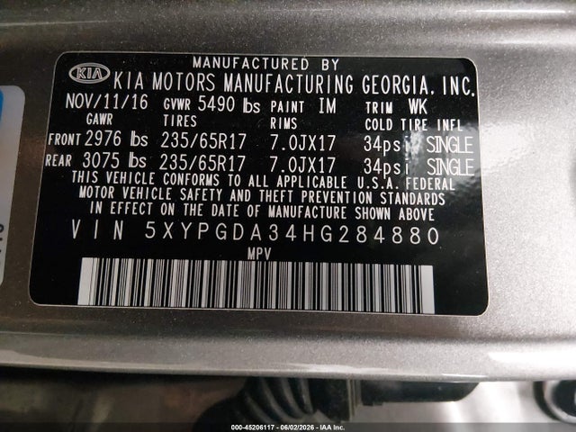 45206117 :رقم المزاد ، 5XYPGDA34HG284880 vin ، 2017 Kia Sorento 2.4l Lx مزاد بيع