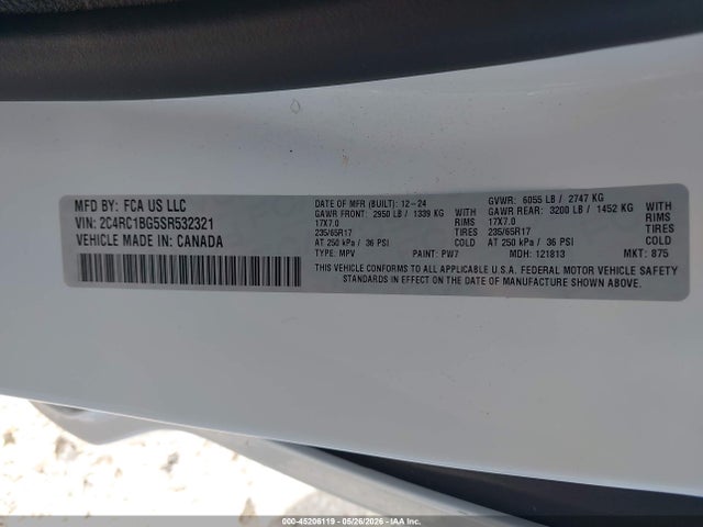 45206119 :رقم المزاد ، 2C4RC1BG5SR532321 vin ، 2025 Chrysler Pacifica Select مزاد بيع