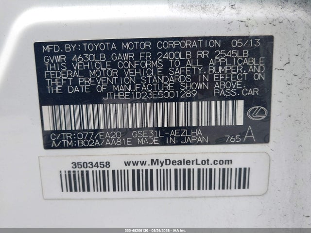Продажа на аукционе авто 2014 Lexus Is 350, vin: JTHBE1D23E5001289, номер лота: 45206130