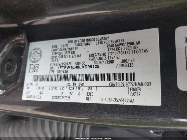 45206137 :رقم المزاد ، 1FTFW1E48LKD99128 vin ، 2020 Ford F-150 Xlt مزاد بيع