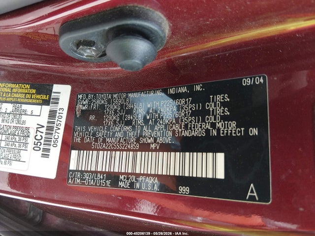 45206139 :رقم المزاد ، 5TDZA22C55S224859 vin ، 2005 Toyota Sienna Xle مزاد بيع
