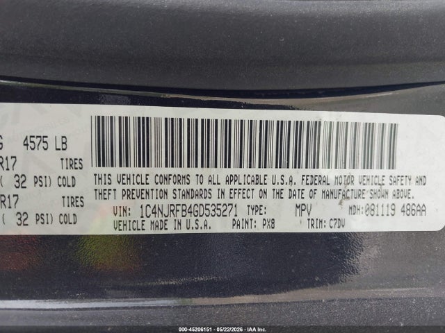 2016 Jeep Patriot Latitude მანქანა იყიდება აუქციონზე, vin: 1C4NJRFB4GD535271, აუქციონის ნომერი: 45206151