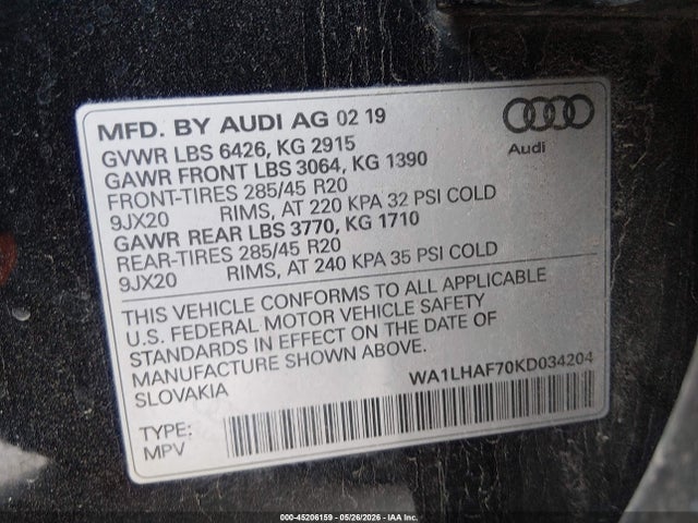 Aukcja sprzedaży 2019 Audi Q7, vin: WA1LHAF70KD034204, numer aukcji: 45206159