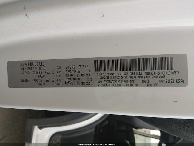 45206172 :رقم المزاد ، 3C6TRVAG0LE114966 vin ، 2020 Ram Promaster 1500 Low Roof 136 Wb مزاد بيع