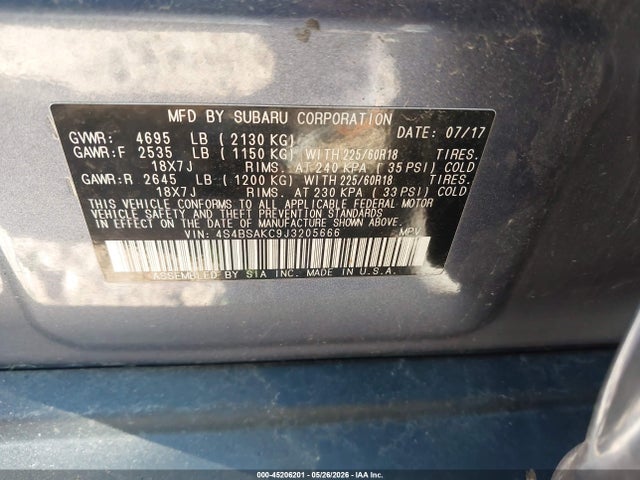 Aukcja sprzedaży 2018 Subaru Outback 2.5i Limited, vin: 4S4BSAKC9J3205666, numer aukcji: 45206201