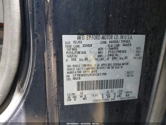 Продаж на аукціоні авто 2003 Ford F-150 Lariat/xlt, vin: 1FTRW07L93KC61190, номер лоту: 45206221
