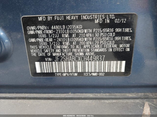 2012 Subaru Forester 2.5x მანქანა იყიდება აუქციონზე, vin: JF2SHABCXCH449837, აუქციონის ნომერი: 45206236