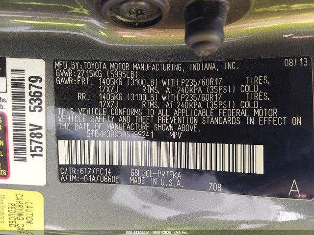 2013 Toyota Sienna Le V6 8 Passenger მანქანა იყიდება აუქციონზე, vin: 5TDKK3DC3DS399241, აუქციონის ნომერი: 45206251