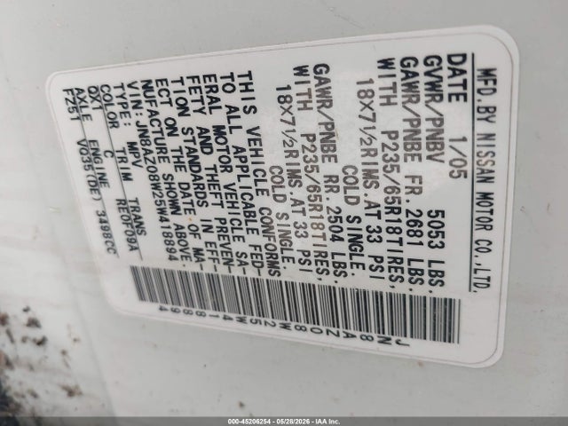 Продаж на аукціоні авто 2005 Nissan Murano Sl, vin: JN8AZ08W25W418894, номер лоту: 45206254