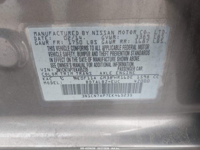 Продаж на аукціоні авто 2014 Nissan Versa 1.6 Sv, vin: 3N1CN7AP7EK465235, номер лоту: 45206259