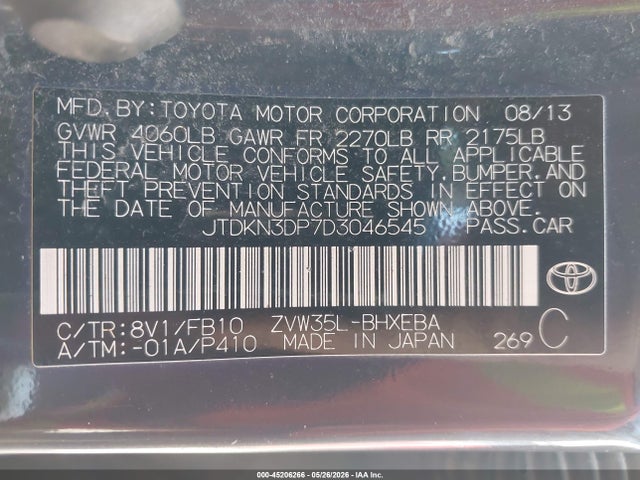 45206266 :رقم المزاد ، JTDKN3DP7D3046545 vin ، 2013 Toyota Prius Plug-in مزاد بيع