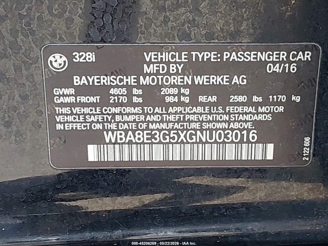 Продажа на аукционе авто 2016 Bmw 328i Xdrive, vin: WBA8E3G5XGNU03016, номер лота: 45206269
