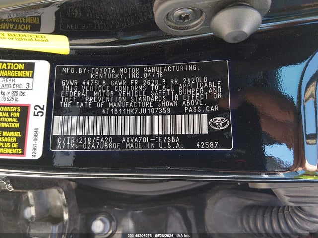 4T1B11HK7JU107358 Toyota CAMRY SE