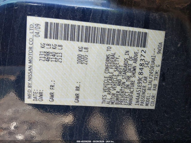 Aukcja sprzedaży 2009 Nissan Maxima 3.5 Sv, vin: 1N4AA51E99C848372, numer aukcji: 45206286