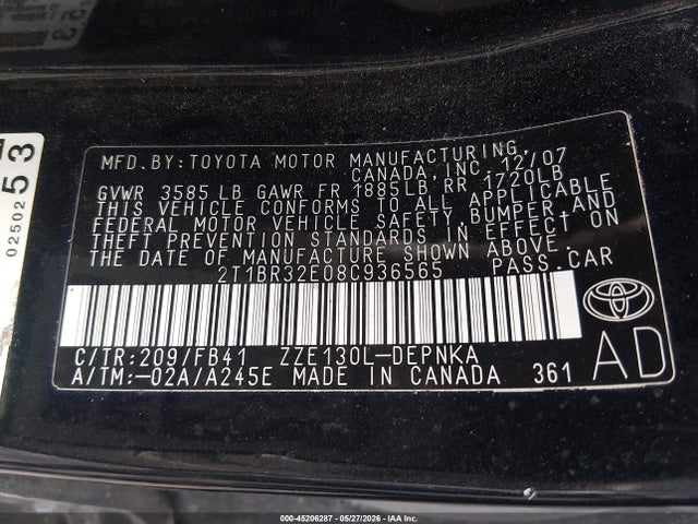 Aukcja sprzedaży 2008 Toyota Corolla Le, vin: 2T1BR32E08C936565, numer aukcji: 45206287