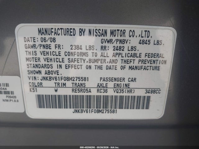 2008 Infiniti G35x მანქანა იყიდება აუქციონზე, vin: JNKBV61F08M275581, აუქციონის ნომერი: 45206295