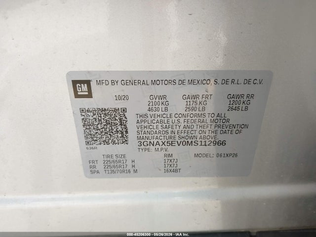 Продажа на аукционе авто 2021 Chevrolet Equinox Awd 1fl, vin: 3GNAX5EV0MS112966, номер лота: 45206300