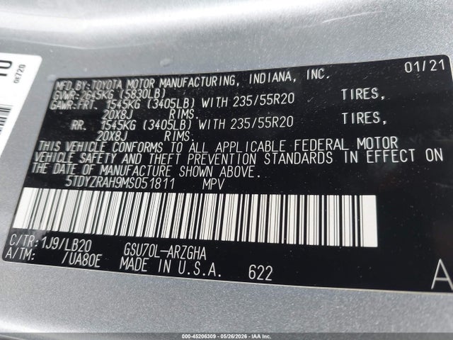 Aukcja sprzedaży 2021 Toyota Highlander Limited, vin: 5TDYZRAH9MS051811, numer aukcji: 45206309