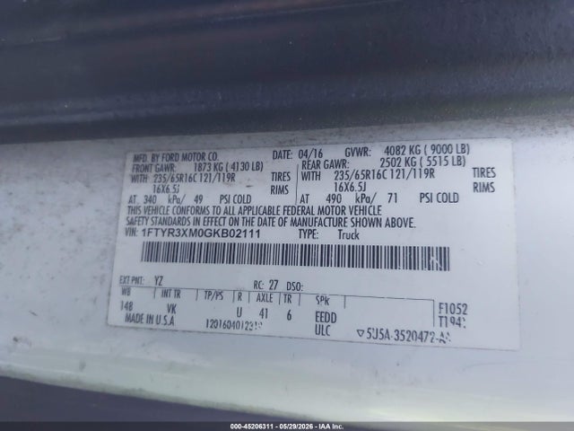 45206311 :رقم المزاد ، 1FTYR3XM0GKB02111 vin ، 2016 Ford Transit-250 مزاد بيع