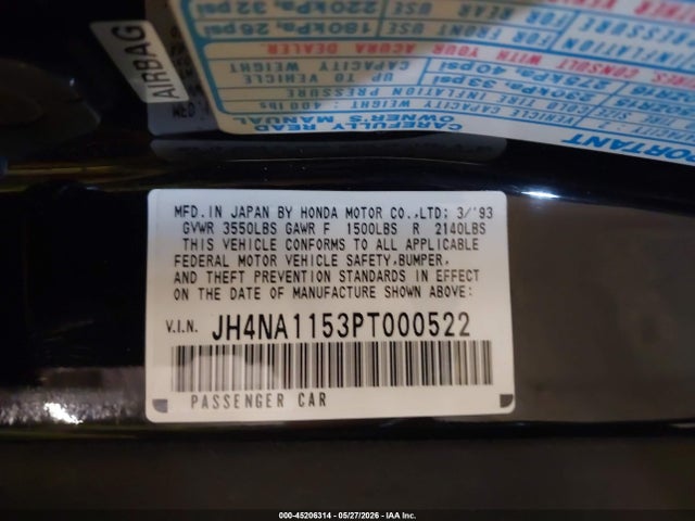 Aukcja sprzedaży 1993 Acura Nsx, vin: JH4NA1153PT000522, numer aukcji: 45206314