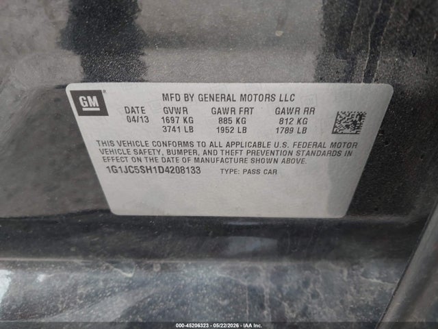 Aukcja sprzedaży 2013 Chevrolet Sonic Lt Auto, vin: 1G1JC5SH1D4208133, numer aukcji: 45206323