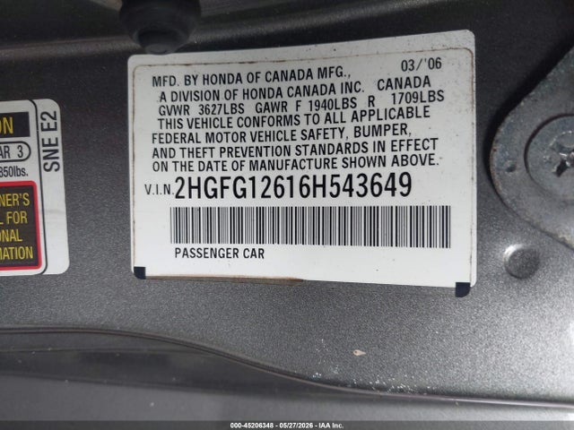 2006 Honda Civic Lx მანქანა იყიდება აუქციონზე, vin: 2HGFG12616H543649, აუქციონის ნომერი: 45206348