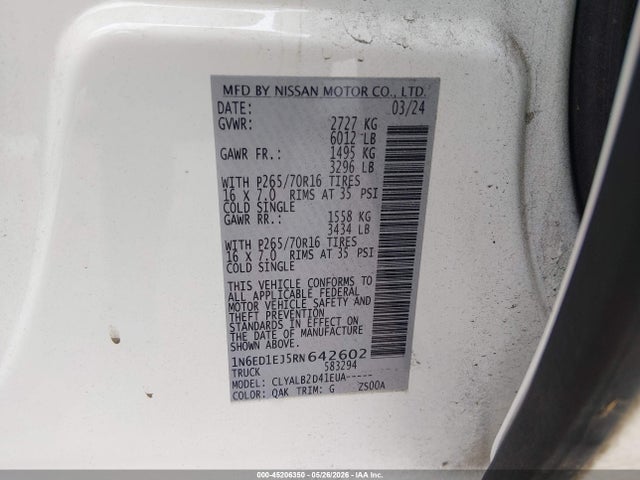 Aukcja sprzedaży 2024 Nissan Frontier Sv 4x2, vin: 1N6ED1EJ5RN642602, numer aukcji: 45206350