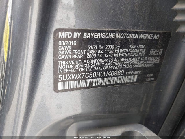 Продаж на аукціоні авто 2017 Bmw X3 Xdrive35i, vin: 5UXWX7C50H0U40980, номер лоту: 45206370