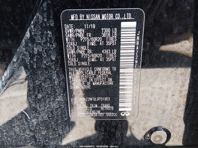 45206373 :رقم المزاد ، JN8AZ2NF0L9701953 vin ، 2020 Infiniti Qx80 Luxe مزاد بيع