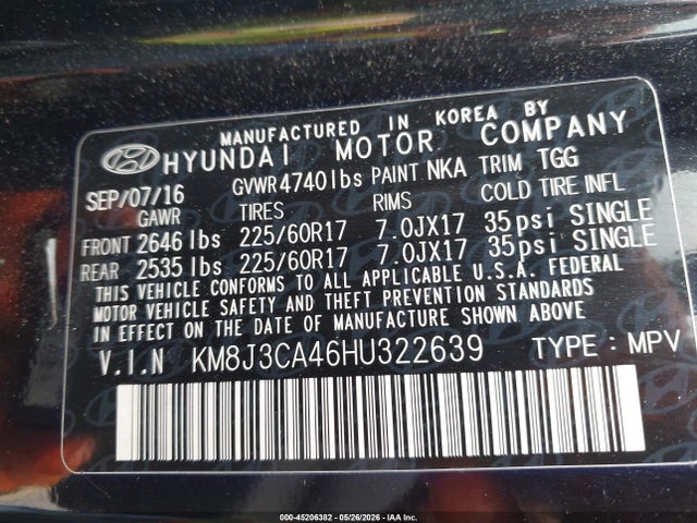 Продажа на аукционе авто 2017 Hyundai Tucson Se, vin: KM8J3CA46HU322639, номер лота: 45206382
