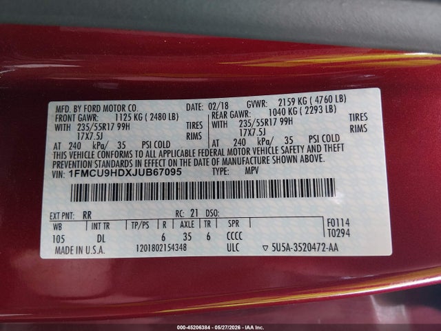 45206384 :رقم المزاد ، 1FMCU9HDXJUB67095 vin ، 2018 Ford Escape Sel مزاد بيع