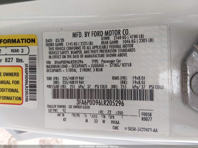 Aukcja sprzedaży 2020 Ford Fusion Titanium, vin: 3FA6P0D96LR205296, numer aukcji: 45206388