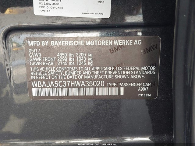 2017 Bmw 530i მანქანა იყიდება აუქციონზე, vin: WBAJA5C37HWA35020, აუქციონის ნომერი: 45206391