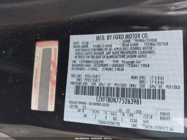 Aukcja sprzedaży 2007 Ford Mustang V6 Deluxe/v6 Premium, vin: 1ZVFT80N775263981, numer aukcji: 45206405