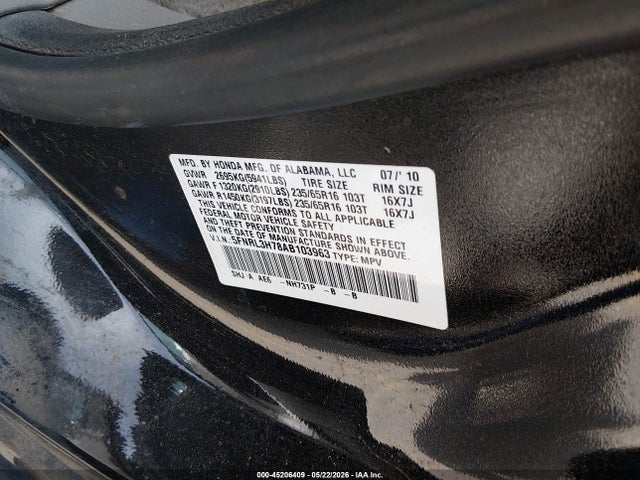 2010 Honda Odyssey Ex-l მანქანა იყიდება აუქციონზე, vin: 5FNRL3H78AB103963, აუქციონის ნომერი: 45206409
