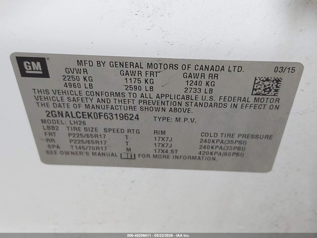 45206411 :رقم المزاد ، 2GNALCEK0F6319624 vin ، 2015 Chevrolet Equinox 2lt مزاد بيع