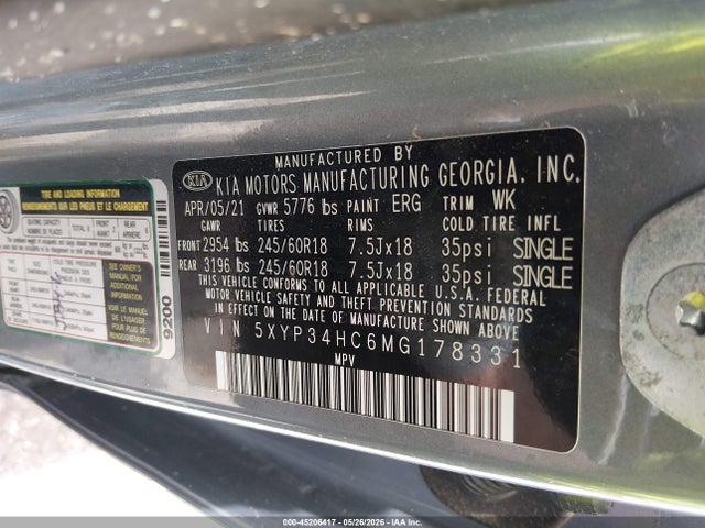 2021 Kia Telluride Ex მანქანა იყიდება აუქციონზე, vin: 5XYP34HC6MG178331, აუქციონის ნომერი: 45206417
