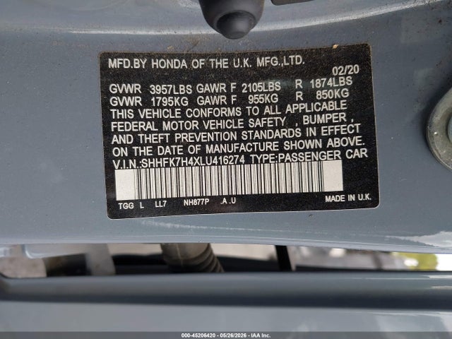 Продажа на аукционе авто 2020 Honda Civic Sport, vin: SHHFK7H4XLU416274, номер лота: 45206420