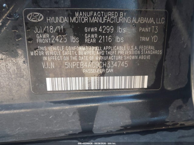 Aukcja sprzedaży 2012 Hyundai Sonata Gls, vin: 5NPEB4AC9CH334745, numer aukcji: 45206426